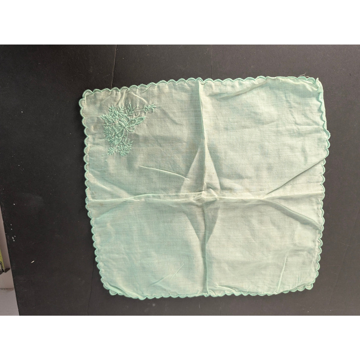 Vintage Light Green Embroidered Floral Handkerchief Scalloped Edge