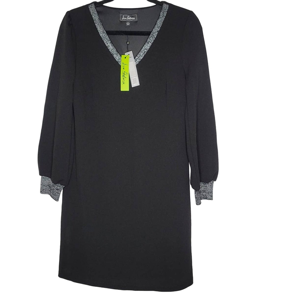 Sam Edelman Evening Mini Shift Dress Black Stretch V Neck Puff Sleeve size 4 NEW