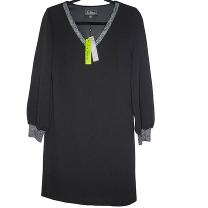 Sam Edelman Evening Mini Shift Dress Black Stretch V Neck Puff Sleeve size 4 NEW