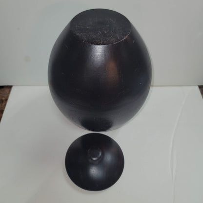 Handmade HAND TURNED urn wood dark egg shape 10" tall with lid URN Biscuit
