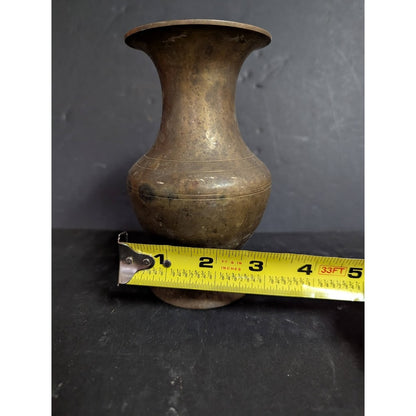 Antique 6" banded brass vase footed Patina flared neck round body Far East