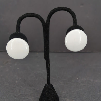 Vintage White Oval Cabochon Gold Tone Button Clip On Earrings Retro Modern