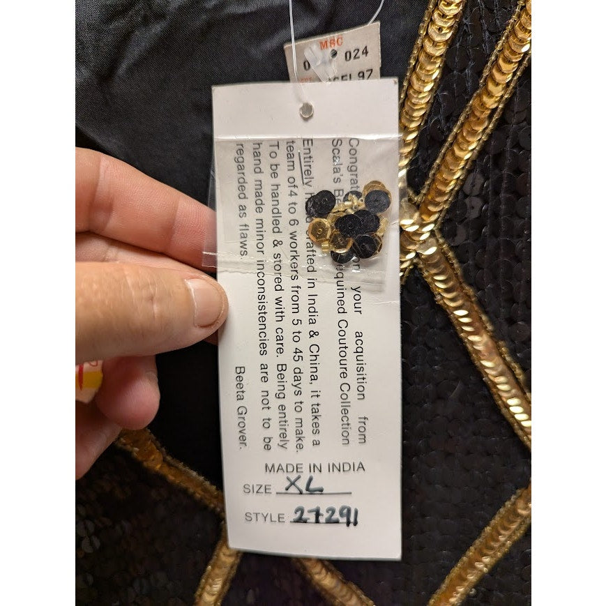 Vintage SCALA Evening black sequin formal top jagged hem 80s XL Handstitch SILK