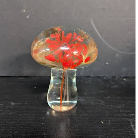 BEAUTIFUL RED YELLOW BROWN FLOWERS GLASS MUSHROOM TOADSTOOL PAPERWEIGHT