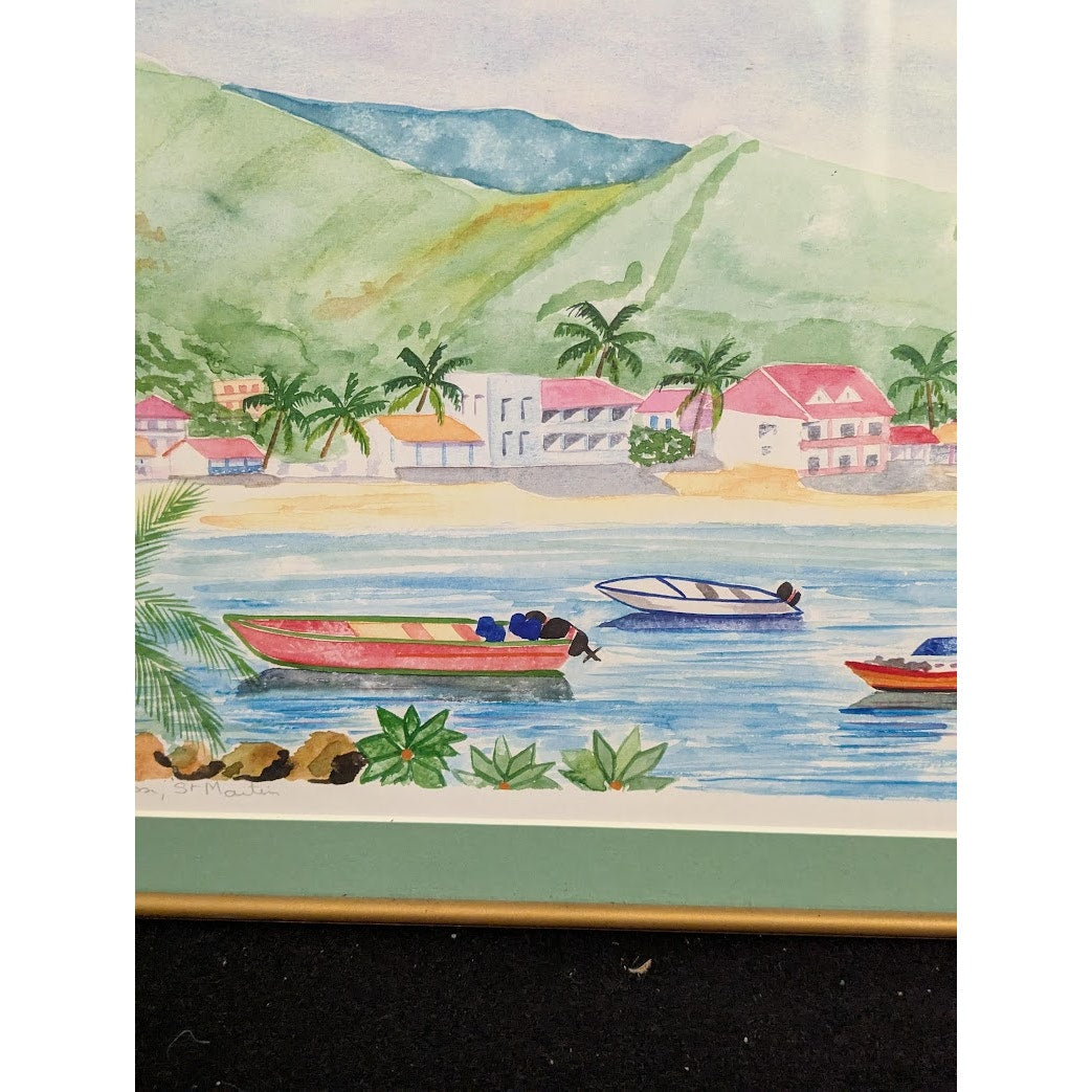 Chantal Marie Watercolor Painting St. Martin Frame 12 x 16 Grand Cove Carrbbean