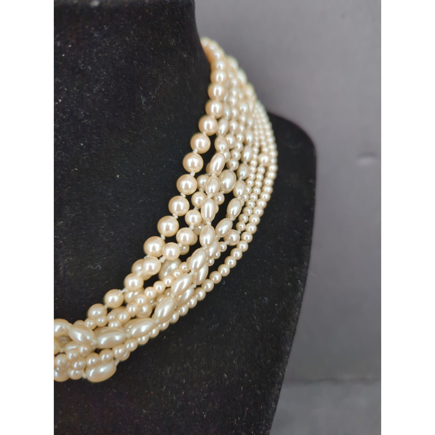 Vintage Multi Strand Faux Pearl Choker Necklace Mid-Century Glamour Statement