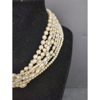 Vintage Multi Strand Faux Pearl Choker Necklace Mid-Century Glamour Statement