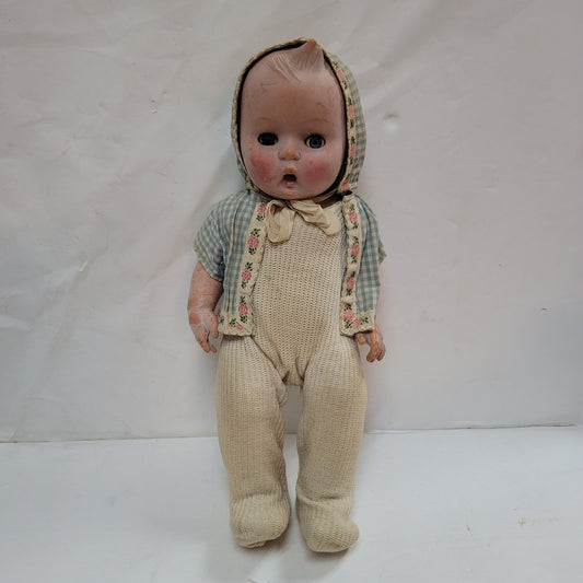 Vintage vinyl hummel doll 3pc clothing set bonnet jumper sweater Moving eyes