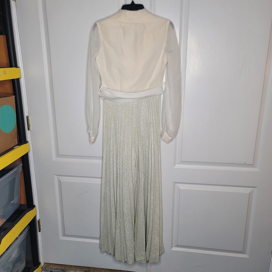Vintage WIDE pleated silver Bell Bottom Jumpsuit 1 PIECE chiffon top belt Medium