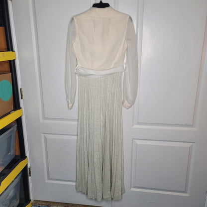 Vintage WIDE pleated silver Bell Bottom Jumpsuit 1 PIECE chiffon top belt Medium
