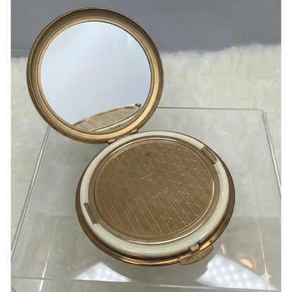 Vintage Kigu London Gold Tone Compact Fern Leaf Pristine Unused Puff Glamour