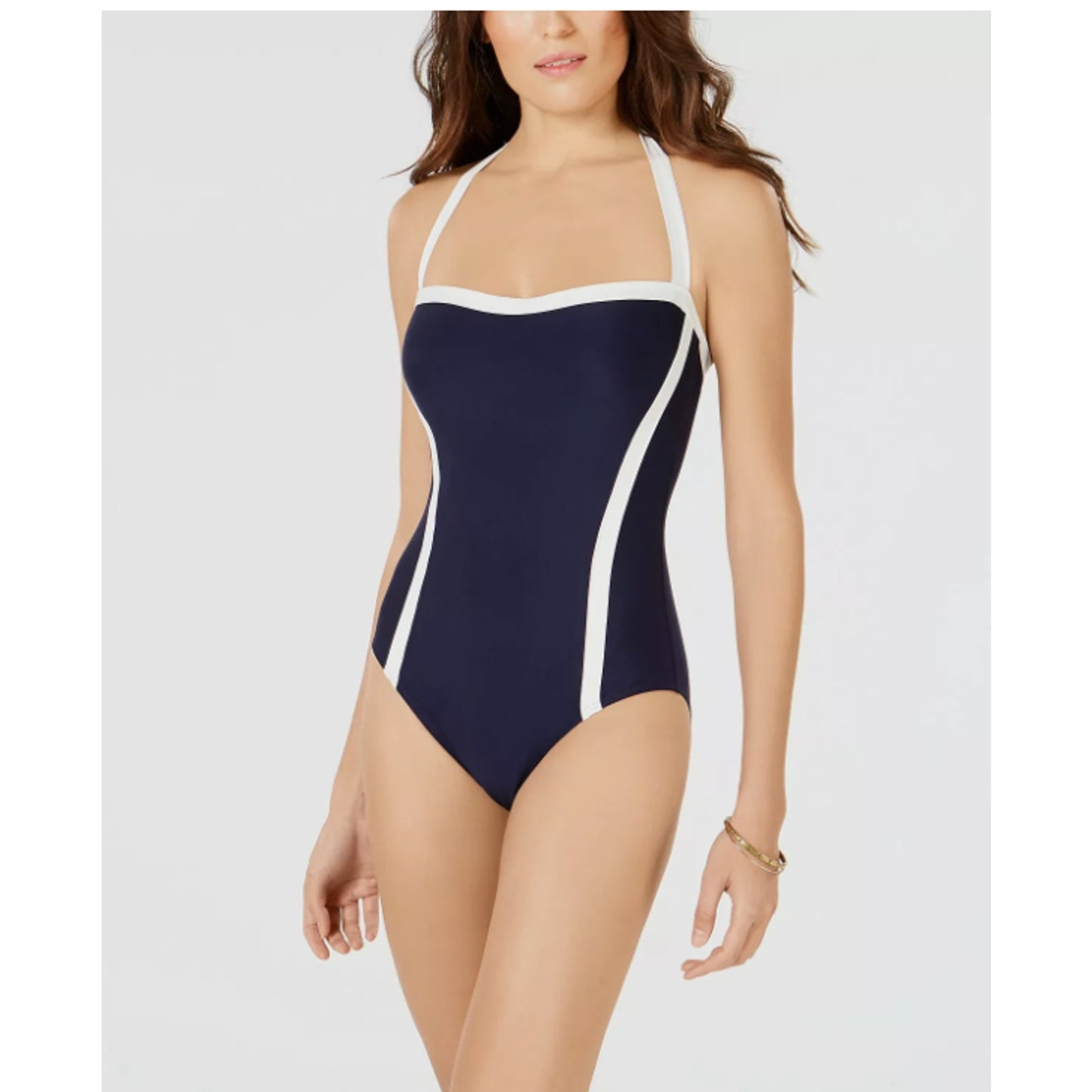 DKNY NEW Swimsuit Womens Size 16 Black White One Piece Removable strap Halter