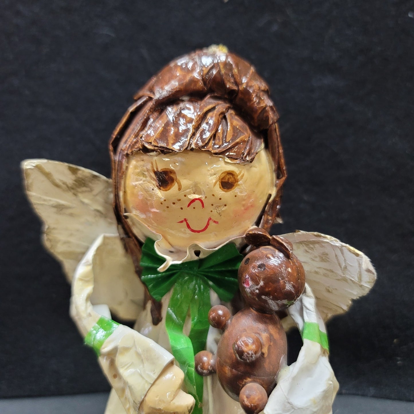 Paper Mache Angel handmade Christmas Caroler Holding a dog 6"