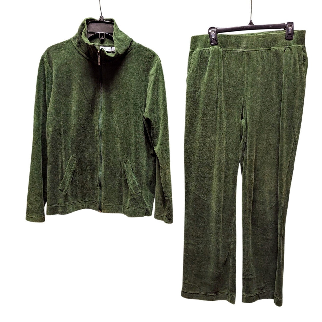 Vintage Kim Rogers Green Velour Tracksuit Set Zip Jacket Pants Y2K Lounge Medium