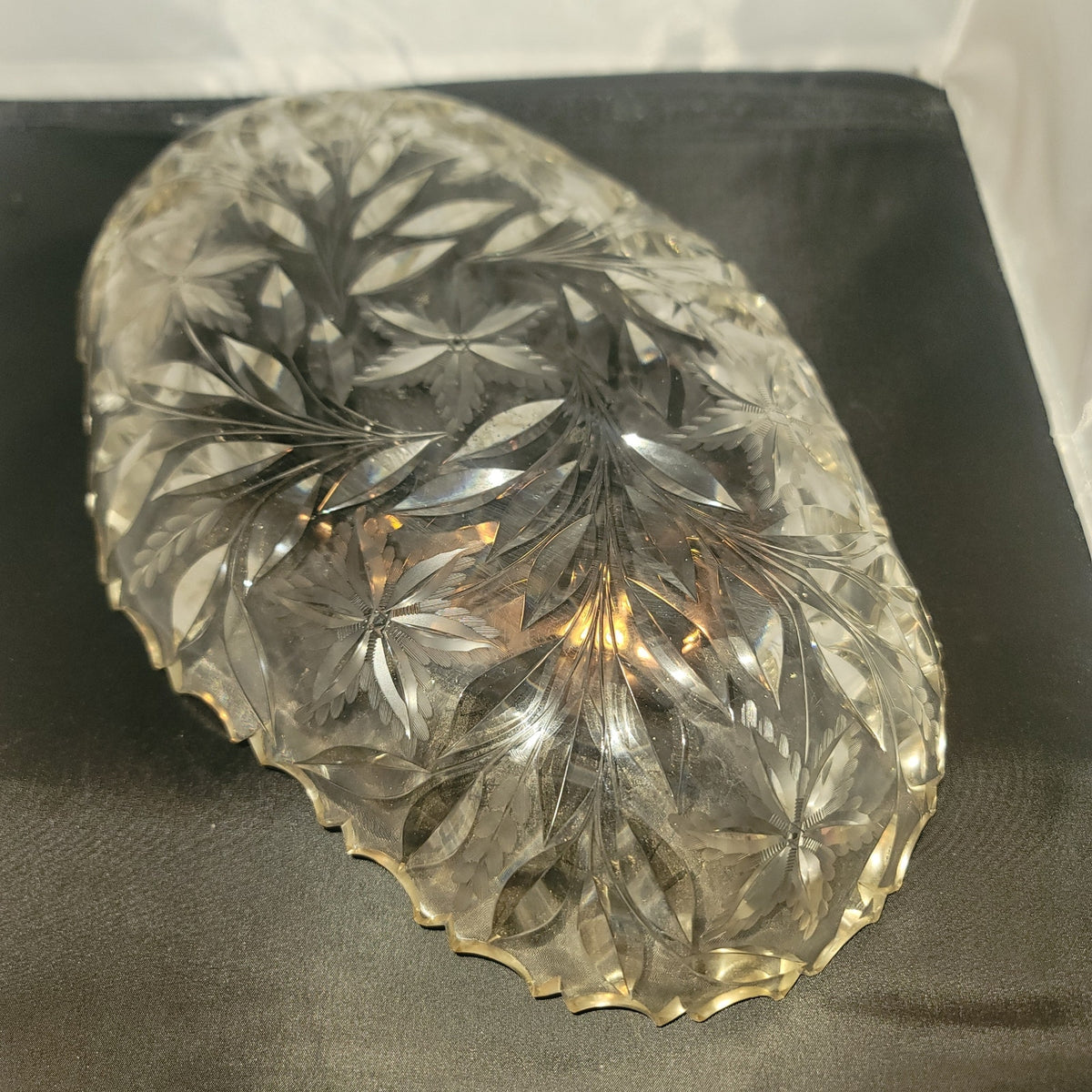 VINTAGE Large Clear Cut Glass Crystal Oval Serving Platter Starburst Pattern