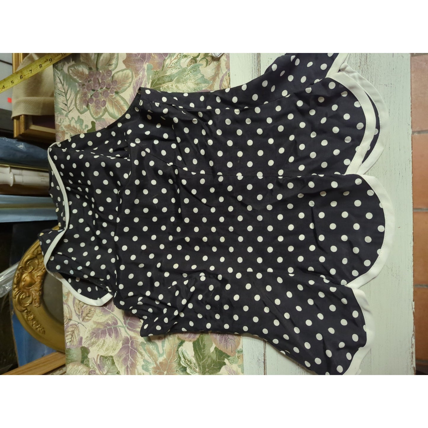 Young Edwardian Vintage Polka Dot Scalloped Vest Blouse XS Black White Coquette