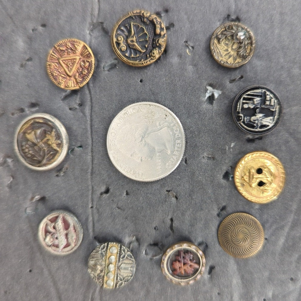 LOT R of 10 Antique Vintage Victorian Brass Mixed Materials Buttons ESTATE FIND