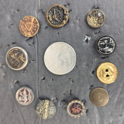 LOT R of 10 Antique Vintage Victorian Brass Mixed Materials Buttons ESTATE FIND