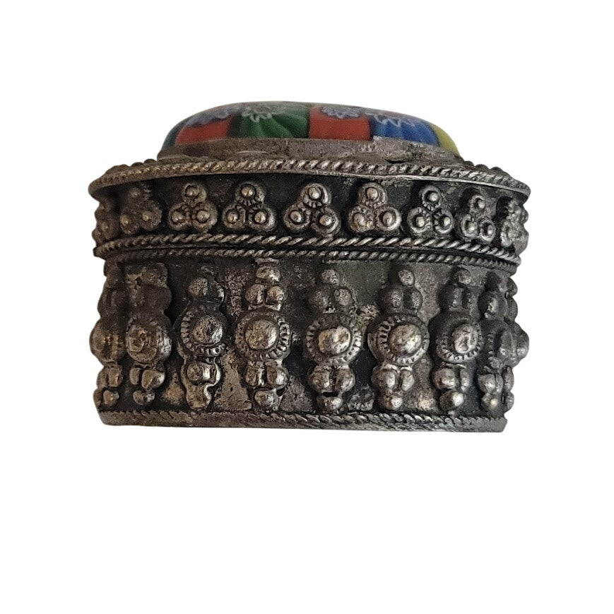 Vintage mini millefiori glass silverplate Lined metal trinket stash pill box 2"