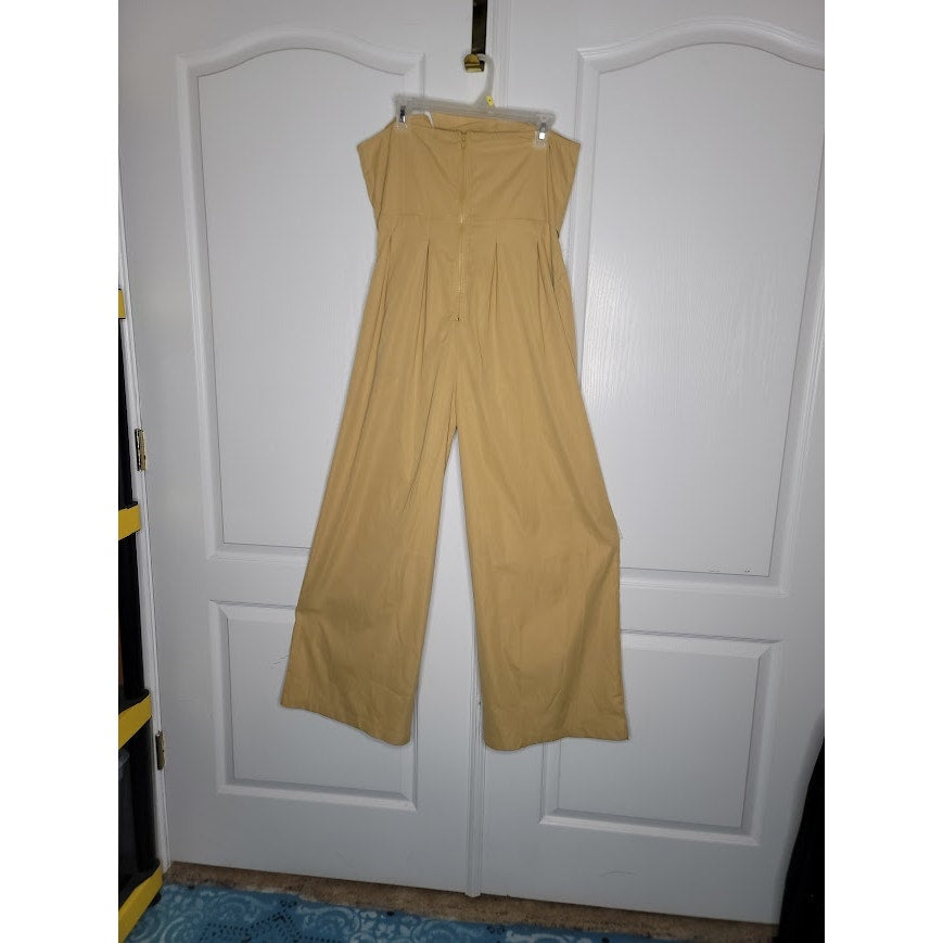 ASTRID Camel Strapless Asymmetrical Button Wide-Leg Jumpsuit XL