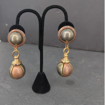 Vintage Pearl Cabochon Bead Orb Drop Clip On Earrings Gold Tone Retro Glam 1980s