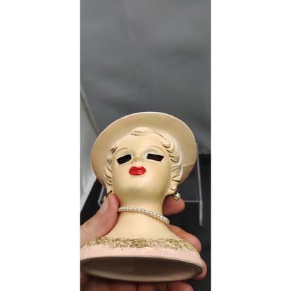 MCM Kitsch Planter Cream Hat Gold Trim Lady Headvase Retro Ceramic Decor Vase