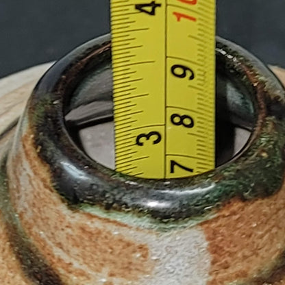 Mini Handmade thrown clay vase golds greens 4" wide signed