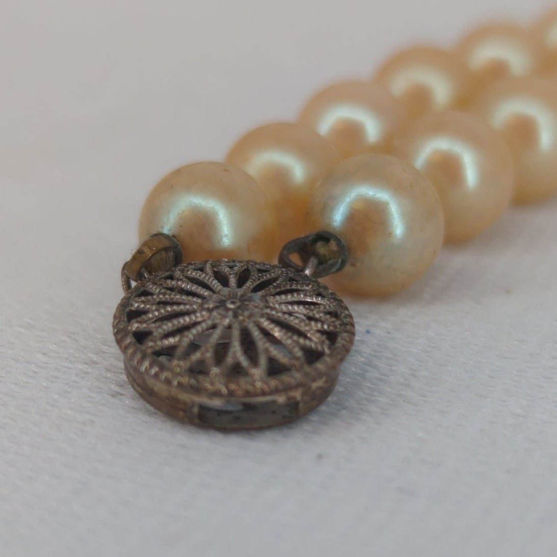 Vintage Double Strand Cream Faux Pearl Bracelet With Filigree Clasp