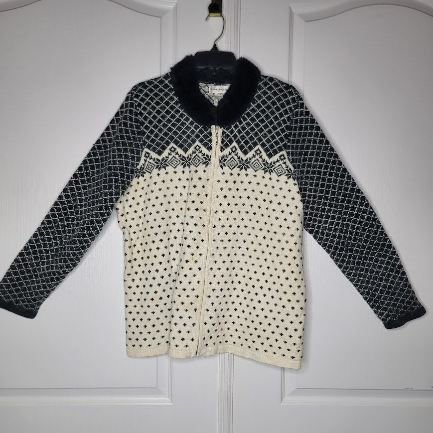 Evan-Picone Vintage Geometric Fair Isle Knit Zip-Up Sweater Faux Fur Collar 1X