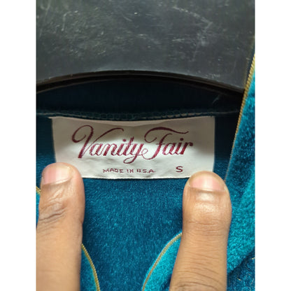 Vintage Vanity Fair Teal Fleece Lounge Robe Embroidered Floral Long Sleeve Small