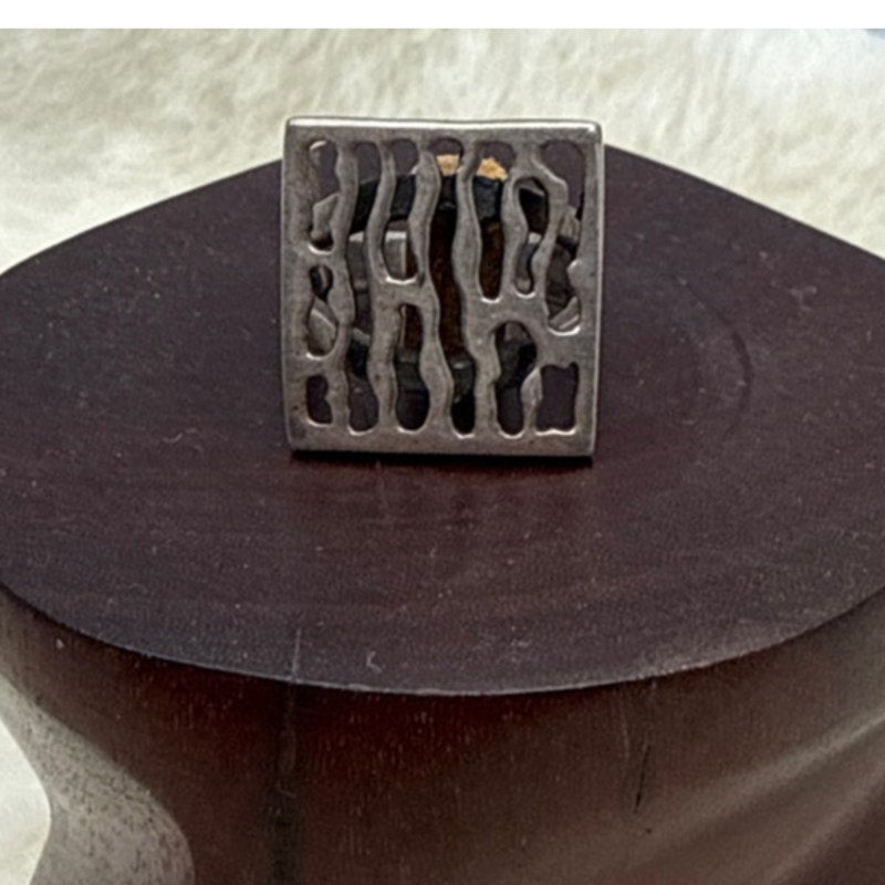 Size 8.5 Brutalist Silver 925 Ring Square MCM Industrial Open design