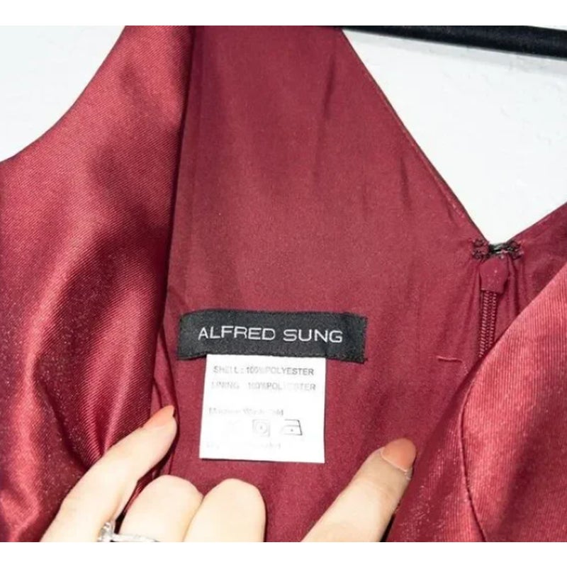 Alfred Sung Sleeveless Sateen Twill Dress Size 0 Burgundy High Low cocktail D765