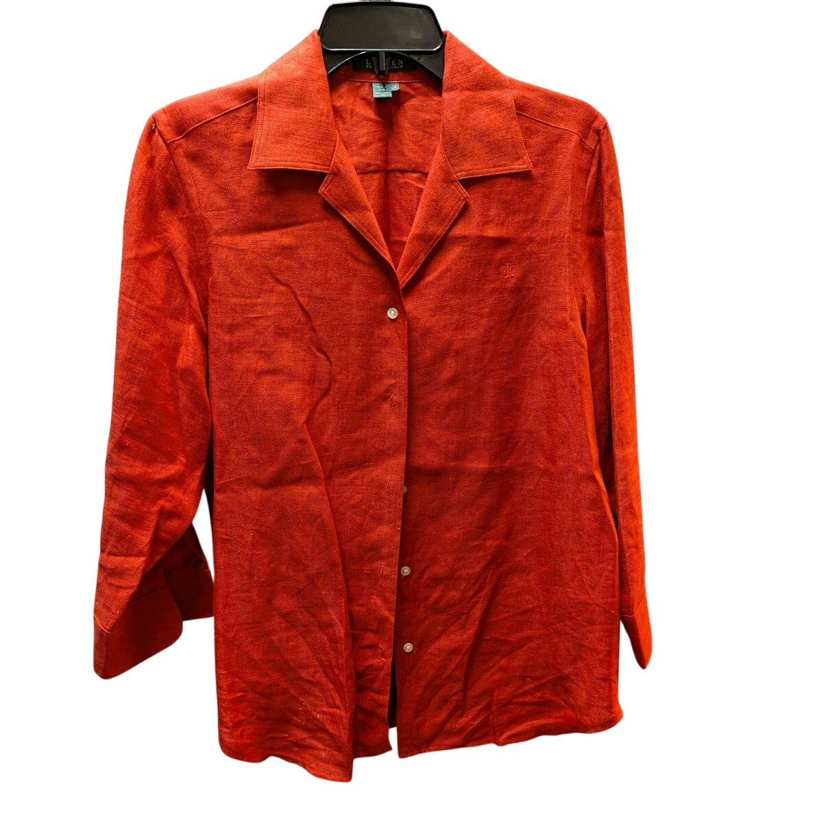 Lauren Ralph Lauren Red Linen Button Down LRL Monogram Preppy Blouse Size Medium
