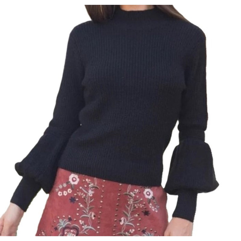 Willow & Clay Bishop Sleeve Back Cutout Pullover Sweater Sz Large in Black NWT