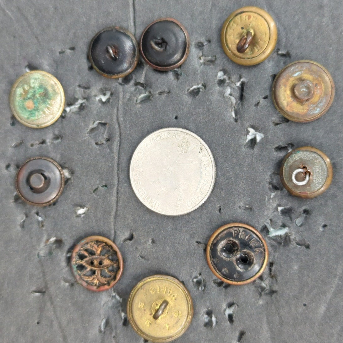 LOT GG of 10 Antique Vintage Victorian Brass Mixed Materials Buttons ESTATE FIND