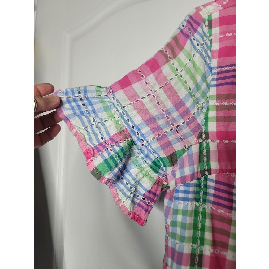 Crown & Ivy Plaid eyelet button up Dress Midi Size XL Pockets flutter sleeve
