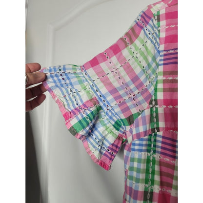 Crown & Ivy Plaid eyelet button up Dress Midi Size XL Pockets flutter sleeve