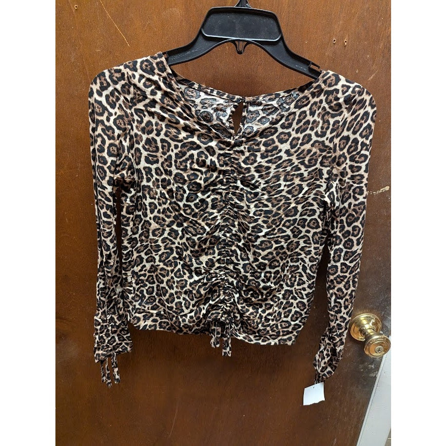 NEW Topshop Long Sleeve top Ruched Drawstring Center Leopard Print Size XS