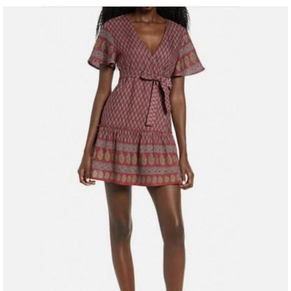 NEW $72 RAGA Avah Faux Wrap Mini Dress Small Anthropologie Boho wine multi