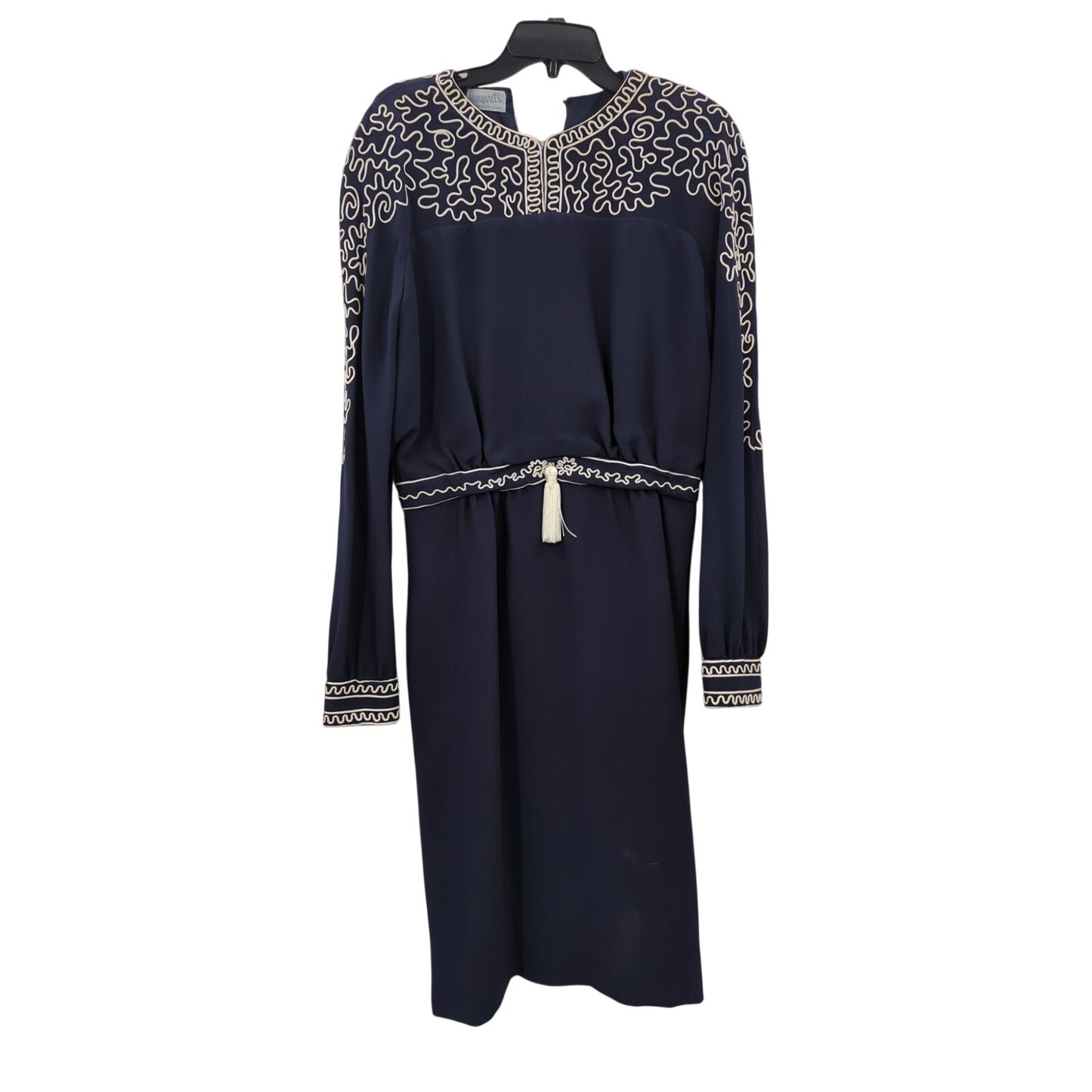 Margaret's Lubbock Texas Dress cinched waist Navy Soutache Church Wedding