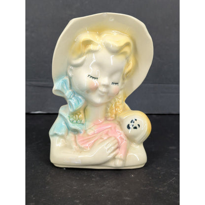 Vintage Ceramic Girl Bonnet Doll Head Vase Wall Pocket Figurine Headvase