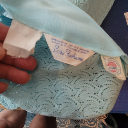 Vintage 70s Sears Blue Lace VNeck Maxi Dress Long Sleeve Mod Medium / Large Belt