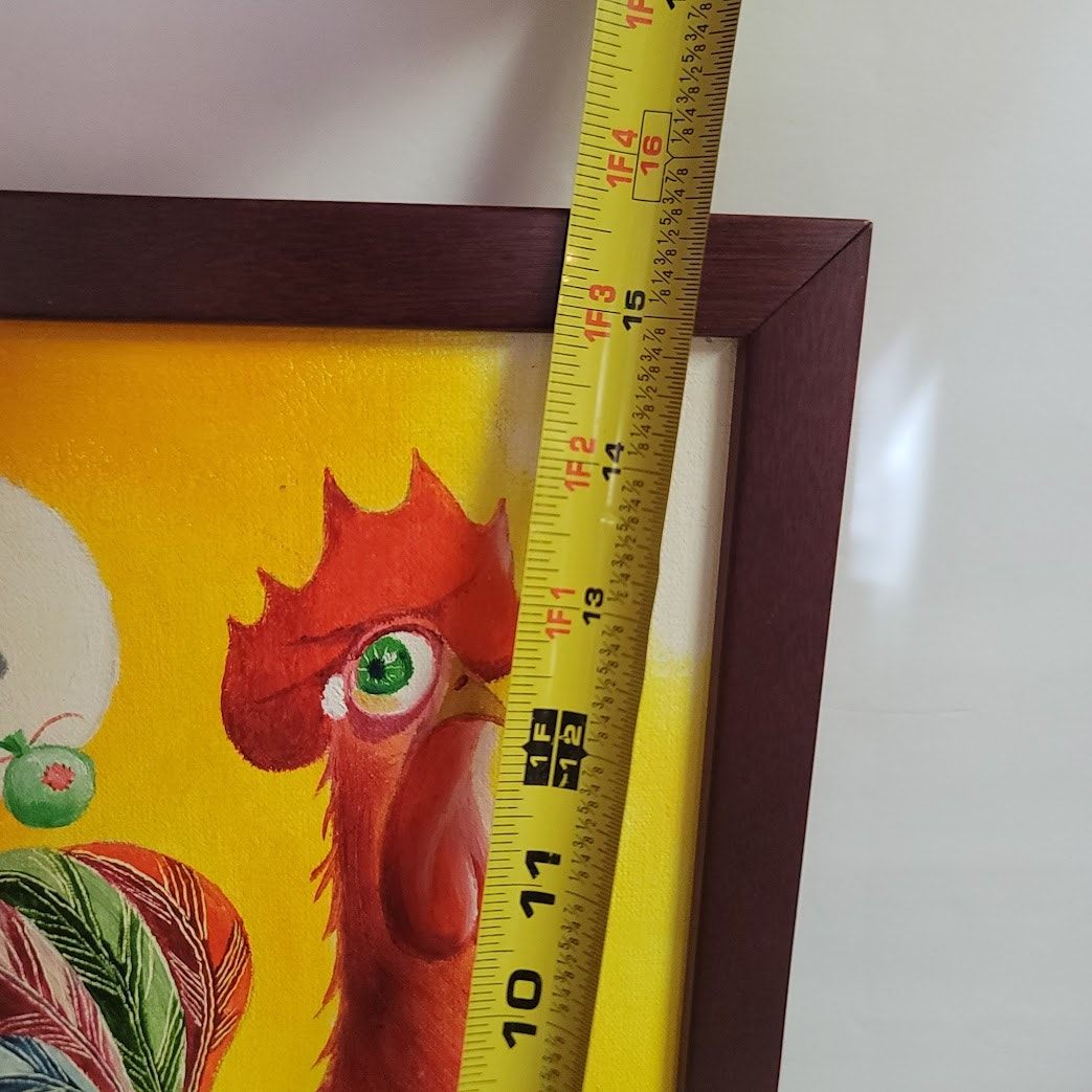 Hand painted Vibrant FOLKART Rooster w/ a runaway witch and broom Key Folk Gallo