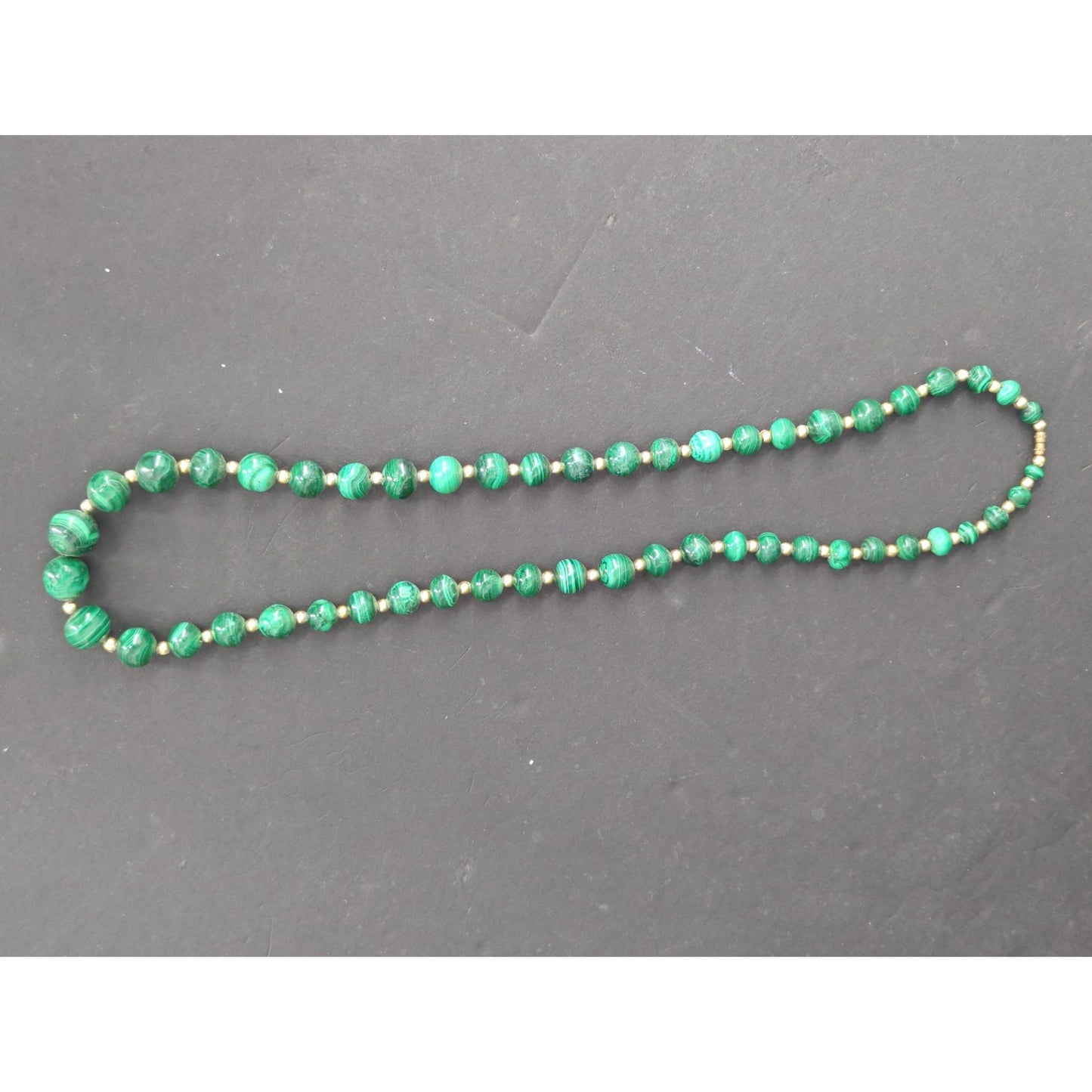 Vintage Green Malachite Style Beaded Strand Necklace Gold Accent Jewelry