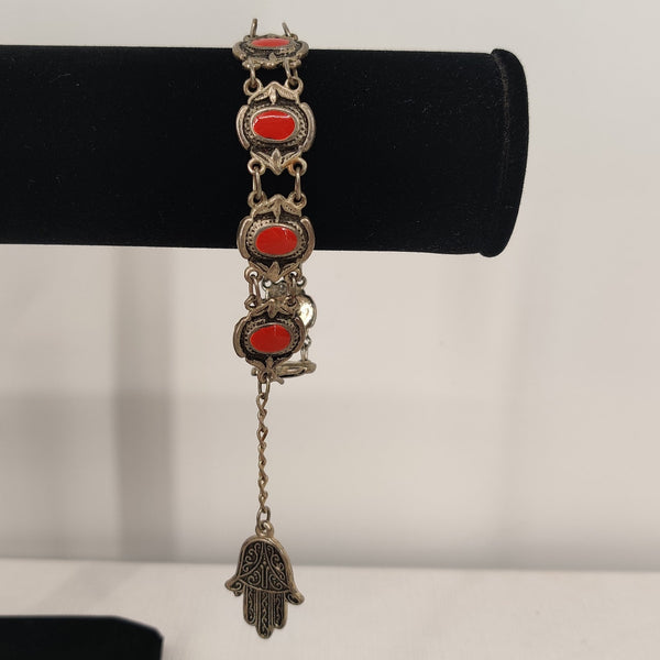 Vintage Silver Red Coral Hamsa Charm Bracelet 7" Boho Ethnic Southwest