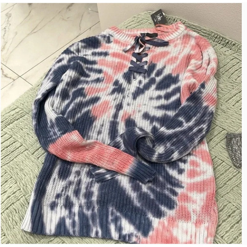 belle by belldini tie dye lace-up sweater navy/pink guava SMALL new PULLOVER