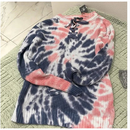 belle by belldini tie dye lace-up sweater navy/pink guava SMALL new PULLOVER