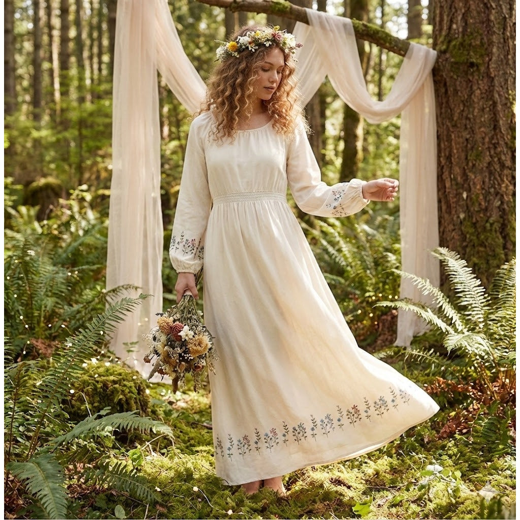 Vintage Leslie Fay Cream Dress Embroidery Maxi Long Sleeve cOTTON bLEND MEDIUM