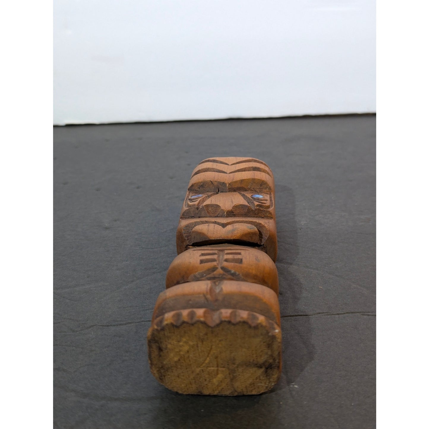 Vintage Handmade 6" Hand-Carved Wood Tiki Totem with Turquoise Inlay