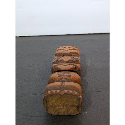 Vintage Handmade 6" Hand-Carved Wood Tiki Totem with Turquoise Inlay